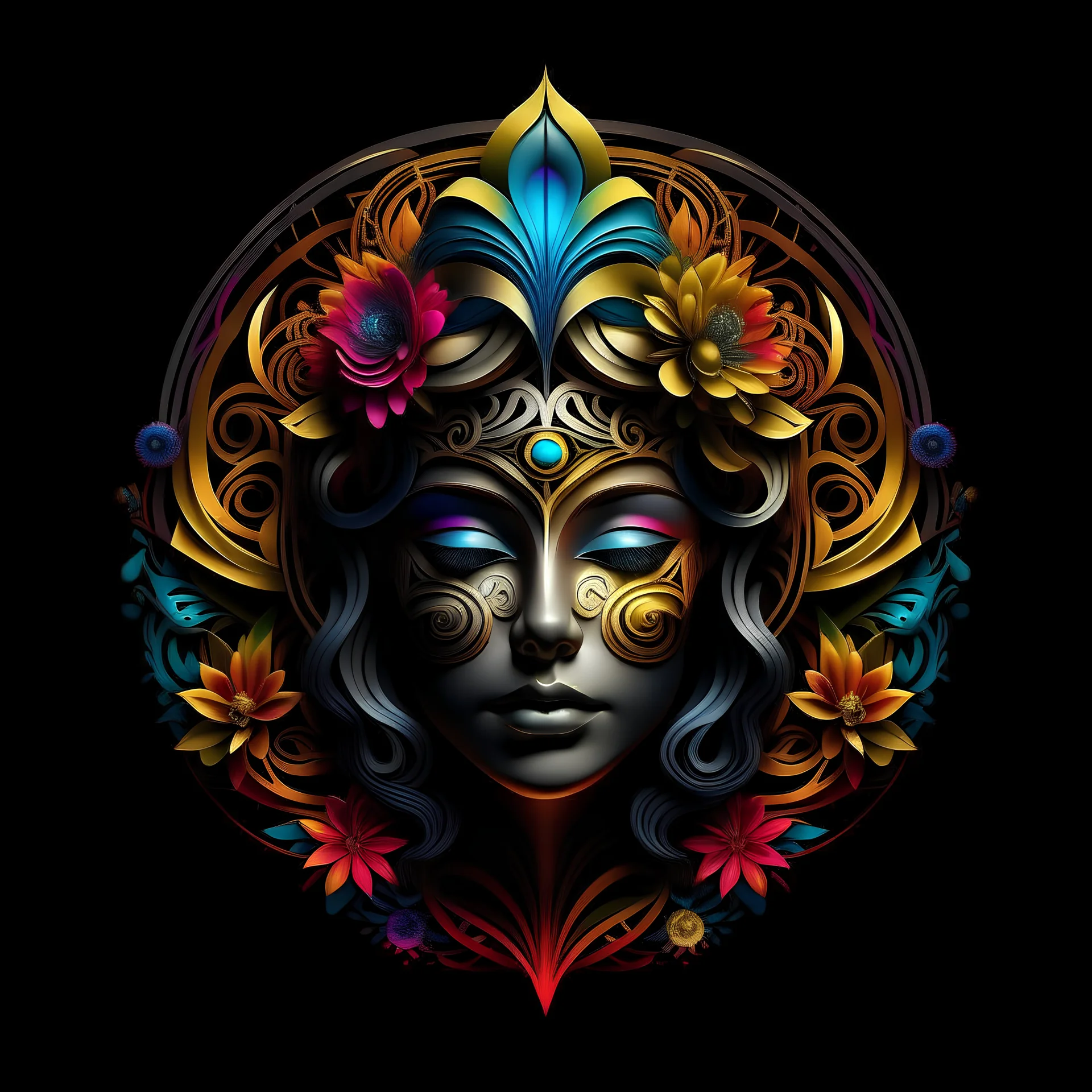 logo design, complex, trippy, bunchy, 3d lighting, 3d, persian female, realistic head, colorful, floral, flowers, cut out, ancient, symmetrical, center, abstract, circular shape, black background, texture, high detail