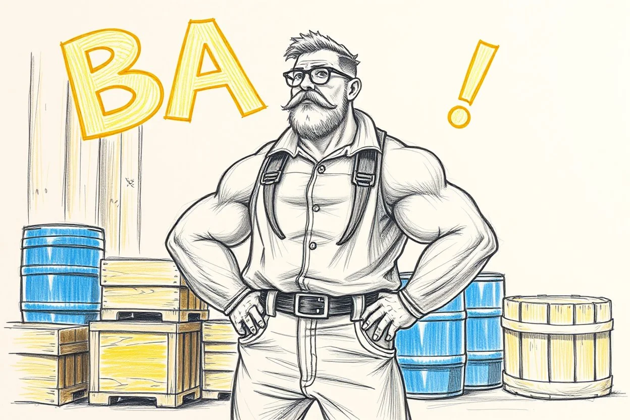 a drawing with sketch lead pencil, The word "BAXER" in yellow floating like a big sign, strong painting, strong expression, BAXER!, BAXER! the word Baxer, WOODEN CRATES AND BLUE BARRELS, A WORKING MAN (no beard and he have glasses) STANDS THERE WITH VERY BIG STRONG MUSCLES and the word BAXER is pulsating