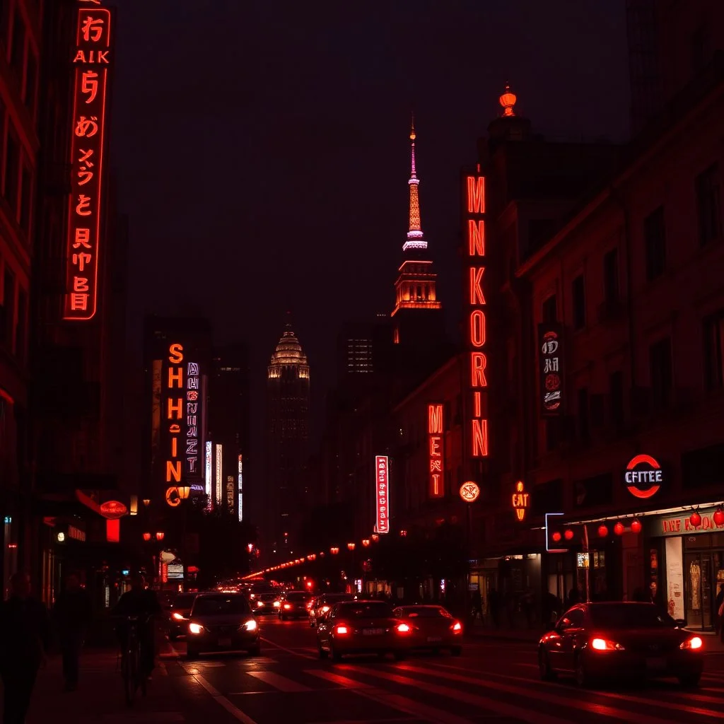 romantic city at night, red neon mood