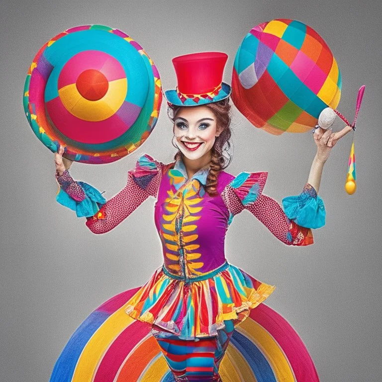 Barroco painting. La Artista del Circo: Una malabarista talentosa y encantadora que realiza acrobacias asombrosas. Lleva un traje colorido y utiliza su destreza para distraer y entretener al público.