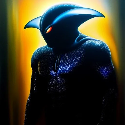 Ultra detailed fullbody Portrait in oil on canvas of Black Manta,extremely detailed digital painting, extremely detailed face,crystal clear Big glowing eyes, mystical colors ,perfectly centered image, perfect composition, rim light, beautiful lighting,masterpiece,8k, stunning scene, raytracing, anatomically correct, in the style of robert e howard and Wizyakuza and Ohrai Noriyoshi and Simon Bisley and uncannyknack