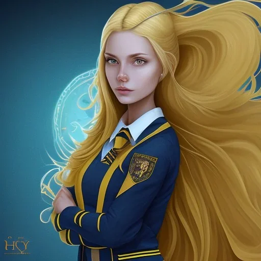 Girl with long wavy brown blond hair and yellow hawk eyes. Wears Hogwarts Hufflepuff uniform and sunglasses with a yellow clip.