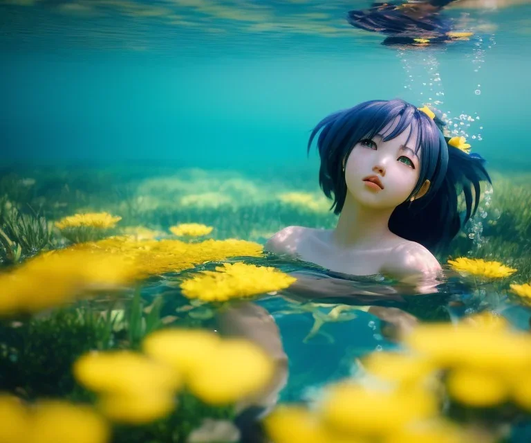 Anime girl underwater with yellow flowers for hair, closed eyes, rtx, reflection, 8k, glow, winning photography, caustics