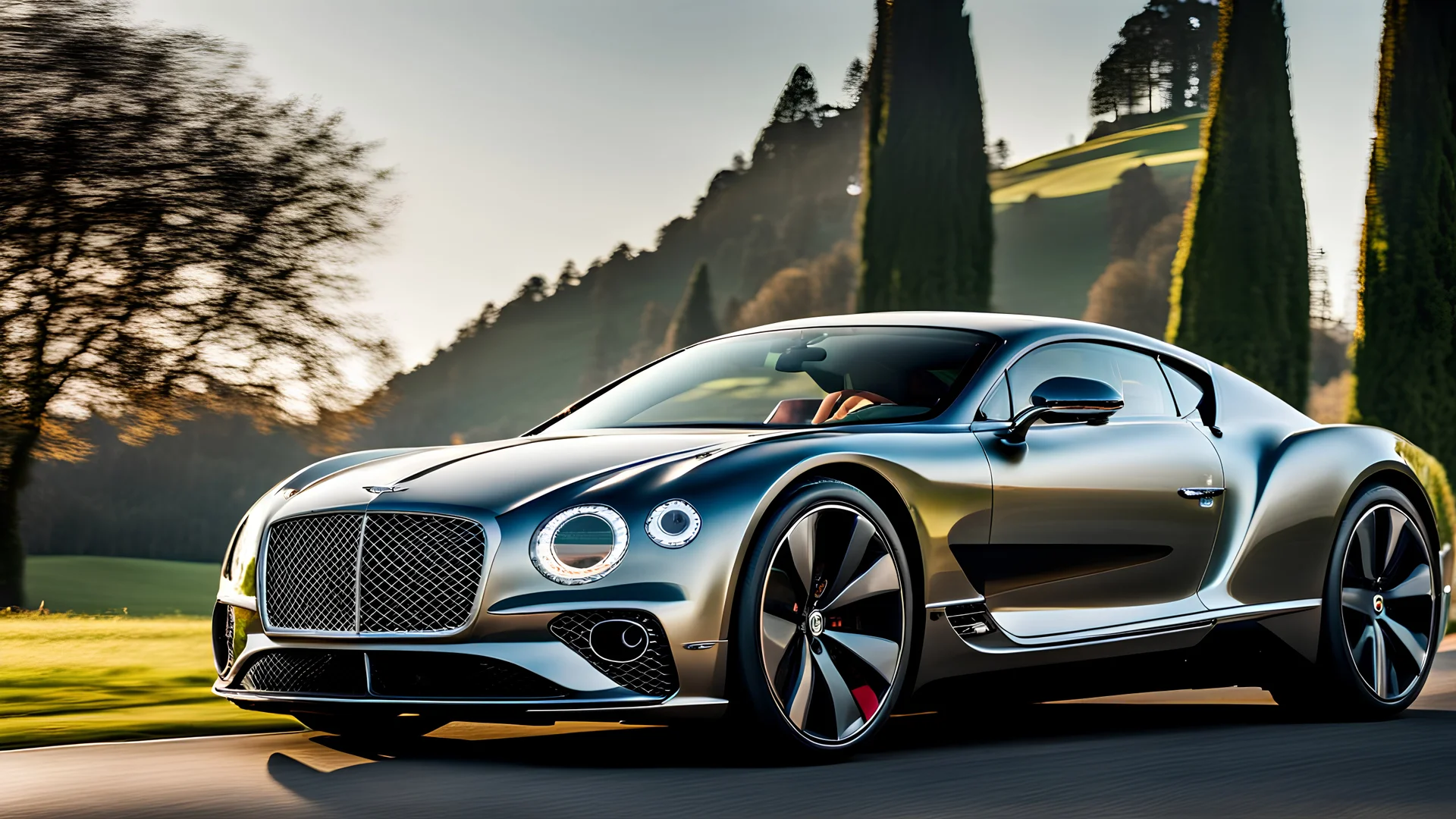 A sleek with livery (((luxury hypercar bentley))), its contours and details perfectly captured in a (((cinematic view))), zipping along a winding road under a beautiful blue fresh morning sky