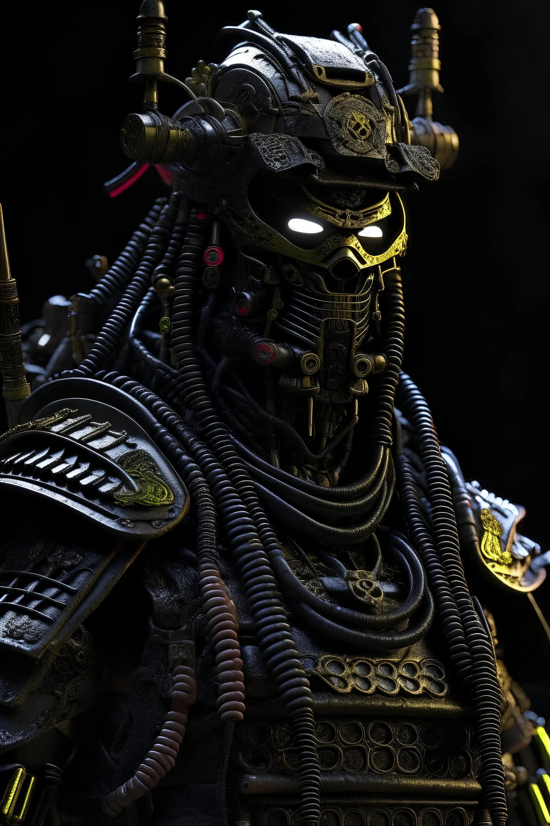 Fully armored cyberpunk samurai, photorealistic