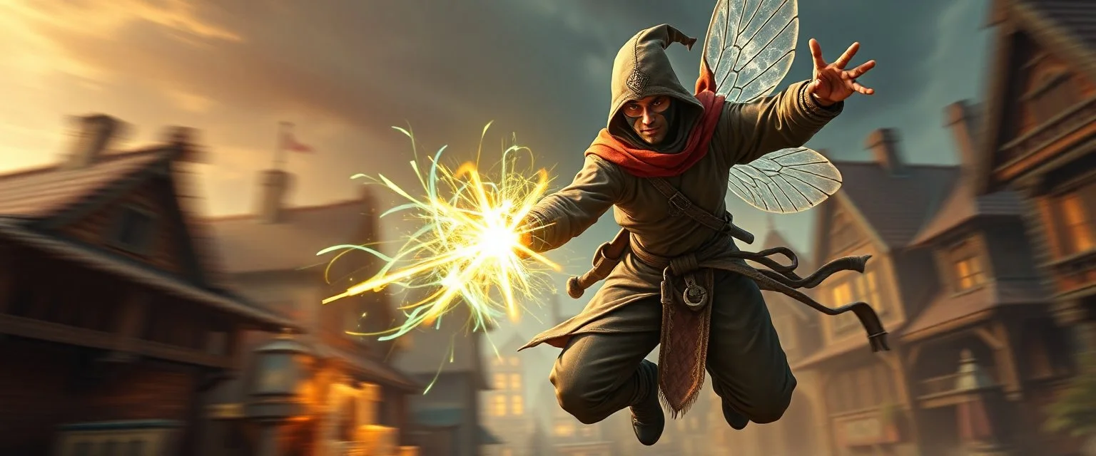 super duper mega ninja rock star fairy thief priest dungeons magician throwing a wild magic spell that performs while flying at high speed through cyber punk village, background motion blur, painted by Rembrandt