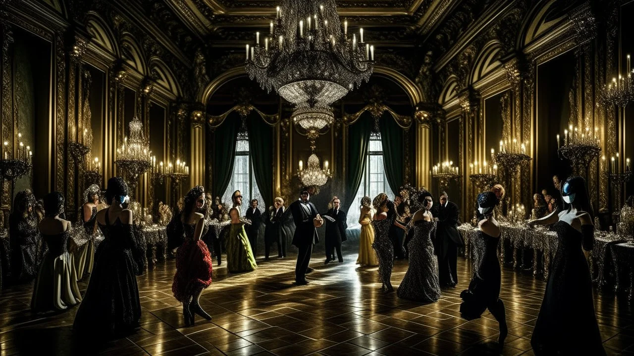 It creates an enchanting and mysterious image of a masked ball in a majestic and ornate mansion on a rainy night. The main theme is a couple dancing in the center of a luxurious ballroom, surrounded by other masked guests. The setting includes a grand hall lit by chandeliers with tall windows that reveal the heavy rain outside, creating a sense of intimacy and exclusivity. The atmosphere is one of fantasy and romance, with a touch of intrigue.