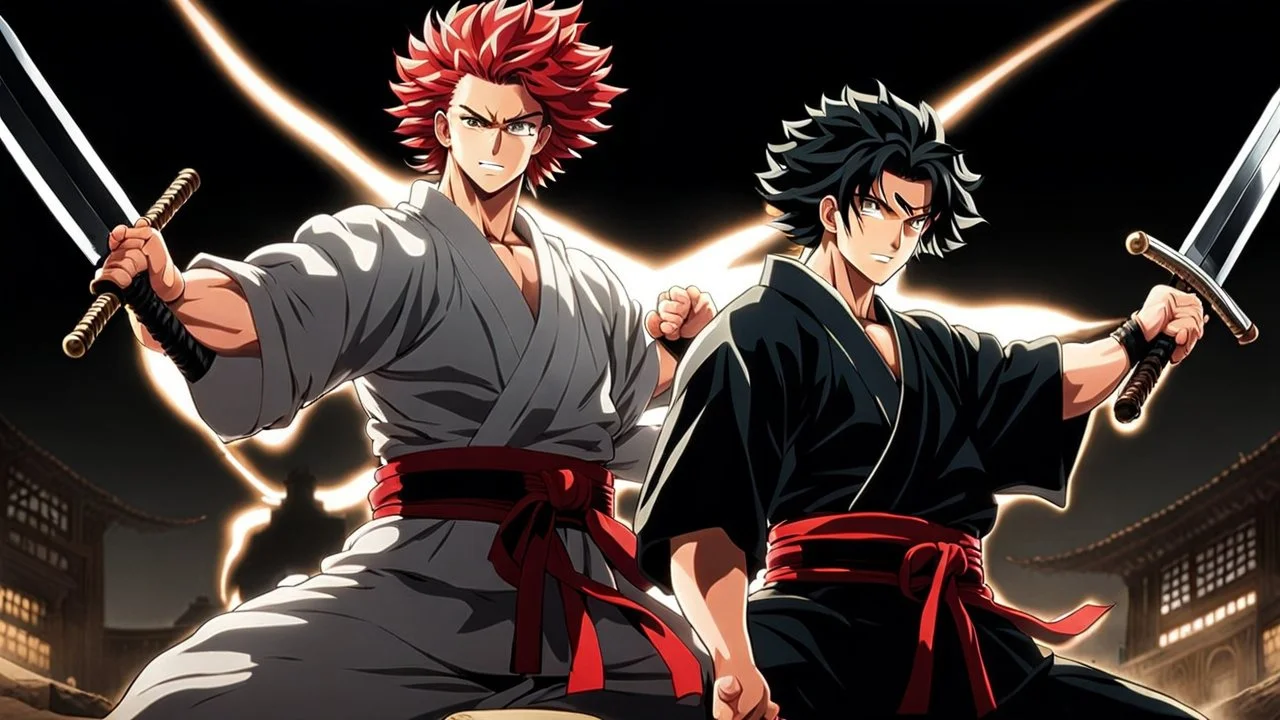 yujiro hanma vs yoriichi tsugukuni, baki vs kimetsu no yaiba, two mans standing in front of each other, a big strong man in black shirt with red hair and evil grin in martial art's stance facing a smaller feminine swordsman with long hair and calm face reaching for his sword in traditional japanese clothes both preparing to fight each other