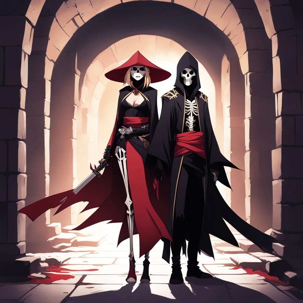 [Hazbin ADnD] full-body photo of two characters of an ADnD campaign in a crypt. character 1: is a male ninja in a dark kimono, character 2: is a female sorceress skeleton in a brown cape