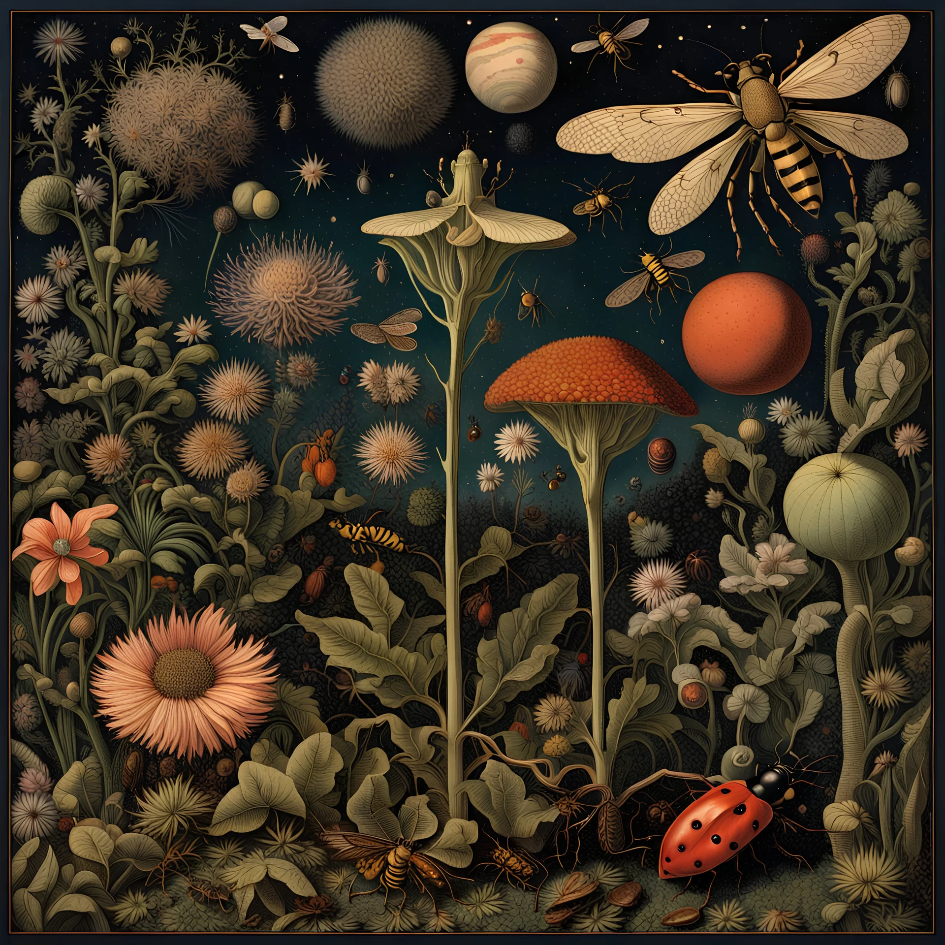 A detailed botanical illustration of a lush garden inhabited by a variety of insects, such as European mantis, bees and ladybugs, showcasing the intricate patterns and textures of both the flora and fauna, Audubon, Max Ernst, night sky filled with stars and planets