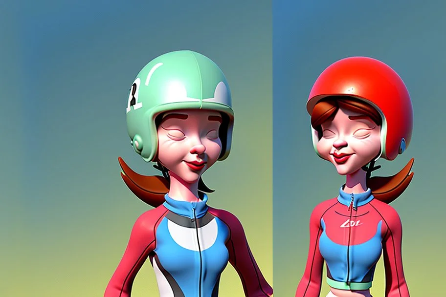 whimsical cartoony character with racing clothes and helmet