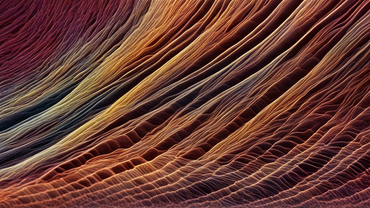 A photomicrograph of a cross-section of one human hair, revealing its layered structure with the cuticle, cortex, and medulla. The detailed image captures the different textures and the tiny details within each layer. Beautiful award-winning photograph, inspiring, rule of thirds, balanced delightful composition, perfect lighting, superb detail, 16k render