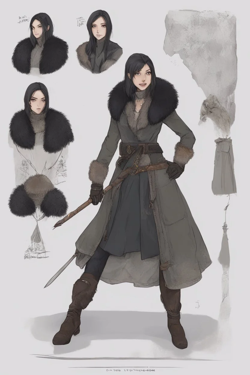 A dnd character sheet. A woman dressed for the cold north dressed in dark furs, with black hair