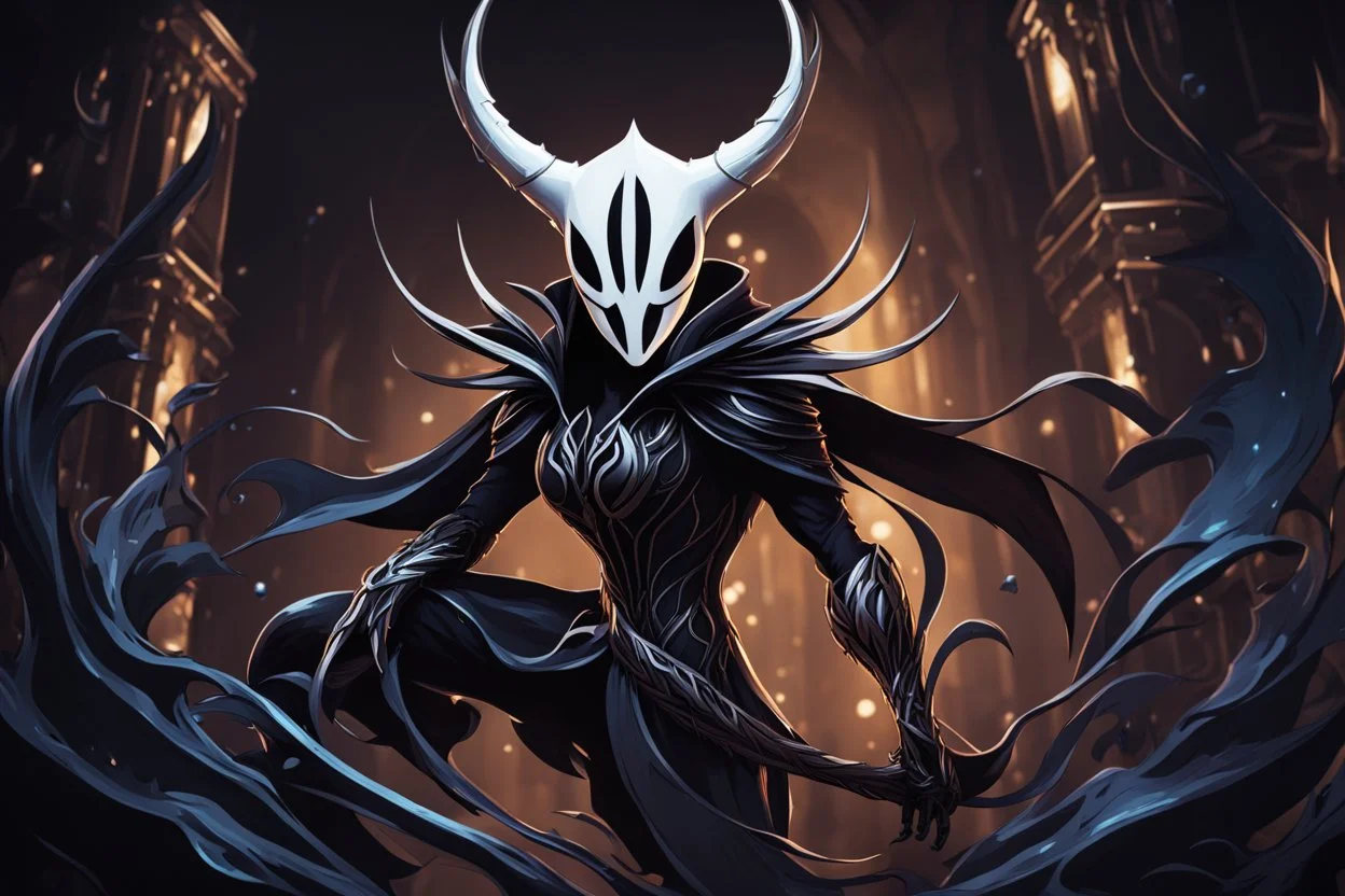 Hollow knight venom in 8k solo leveling shadow artstyle, hollow knight them, mask, close picture, neon lights, intricate details, highly detailed, high details, detailed portrait, masterpiece,ultra detailed, ultra quality