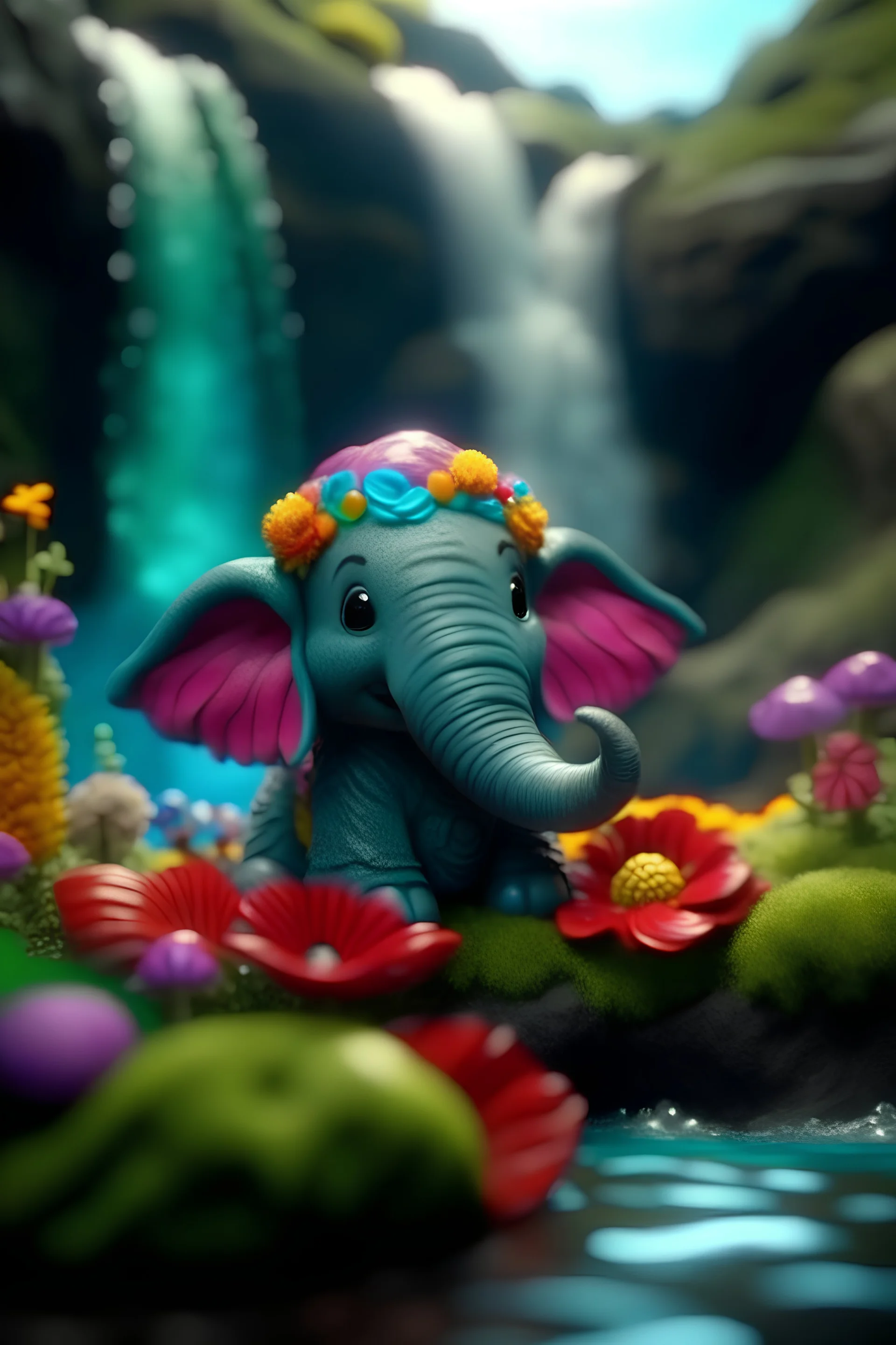 portrait of cute fluffy camo toy elephant jewelry in a water slide holding weird flowers in his trunk in the style of pixar, on a strange planet with weird colors and waterfalls, bokeh like f/0.8, tilt-shift lens 8k, high detail, smooth render, down-light, unreal engine, prize winning