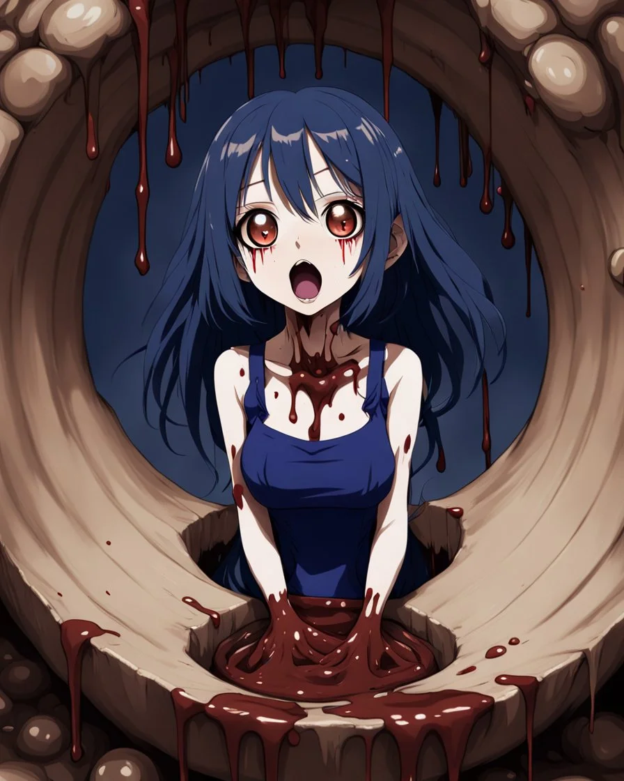 Anime girl with big eyes, darkblue and sepia tones, fullbody, slime, the perspective looking up from the bottom of an empty well, rolling eyes, tongue out, blood drip, open mouth,