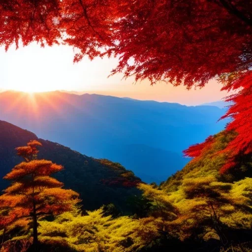 a Japanese maple tree on a cliff of a mountain with sunset