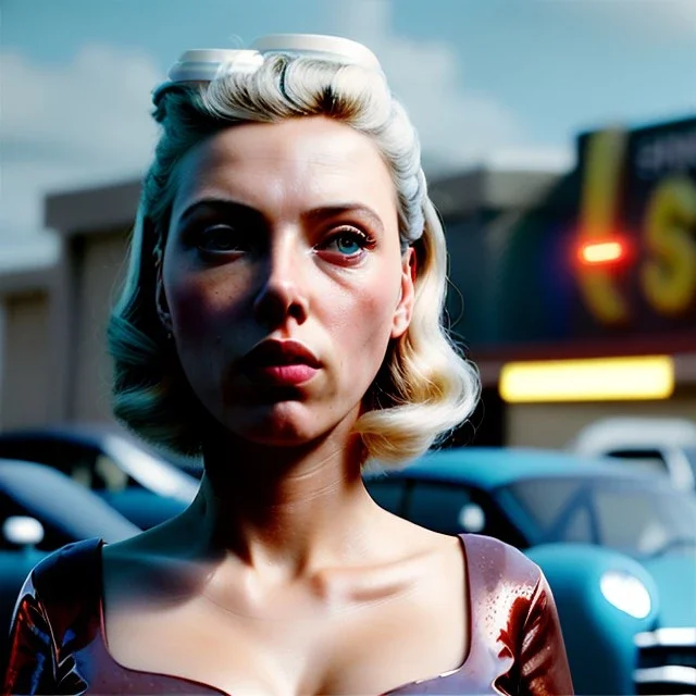 Ultra Realistic retro sci-fi burst Supermarket parking scene, 1960 year, blonde woman, sweet scarlet Johansson face, perfect iris, glow eyes, face makeup, tight latex coat; many panic people looking, Retro sci-fi style, soft color, highly detailed, unreal engine 5, ray tracing, RTX, lumen lighting, ultra detail, volumetric lighting, 3d, finely drawn, high definition, high resolution.