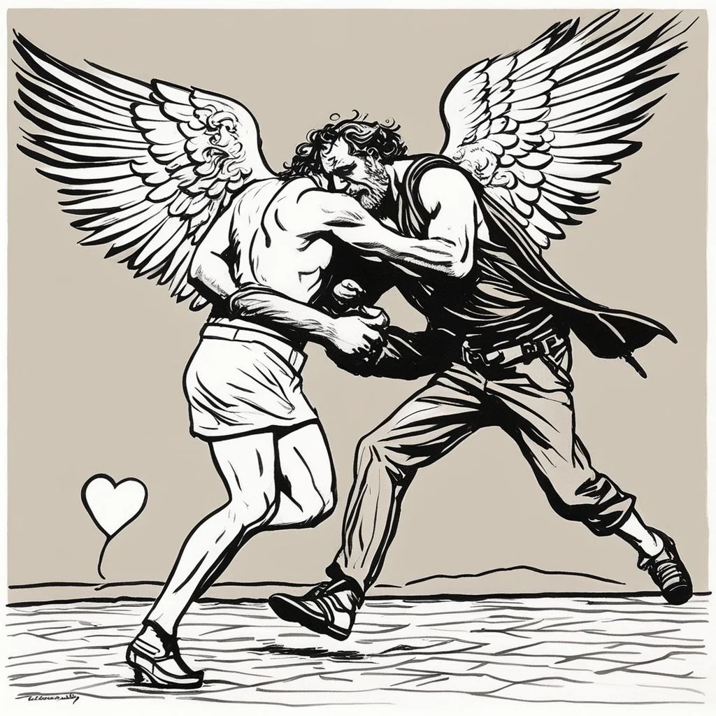 [art by Charles Bukowski] Jacob wrestling with angel