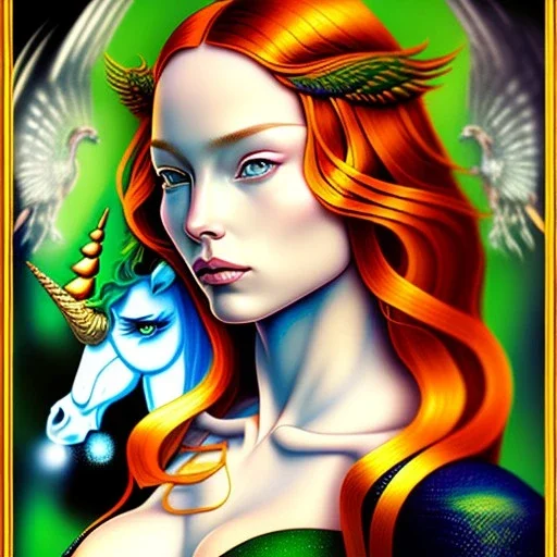 portrait of a beautiful busty Jean Grey with green eyes riding a unicorn by Sandro Botticelli style