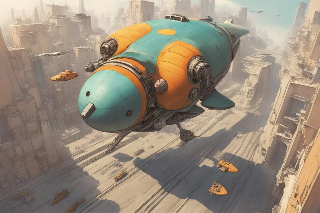 small, sleek, cargo spaceship, looking like the flying sub, landing on an alien street