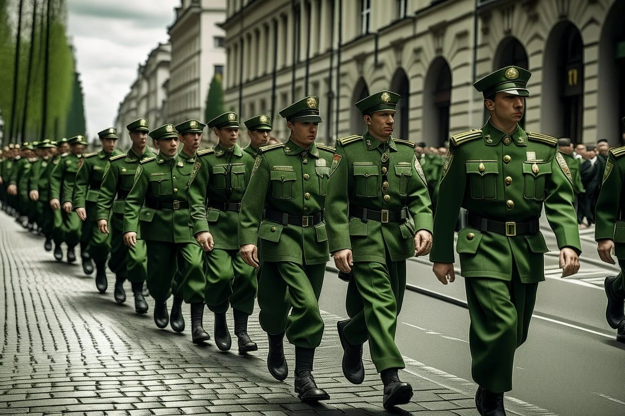 Soldiers marching in formation; military parade; marching along a street; green uniforms; medals and insignia; Rifles in their hands;