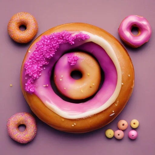 a large donut with other small donuts and pastries on a pink background, --ar3:2--v4--q2