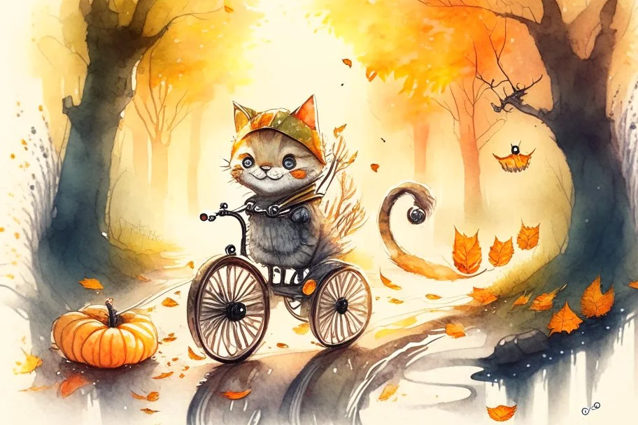 Cute little happy cat scarecrow riding a trike, forest path background, autumn, leaves swirling, waterfall, reflection, mist, sunrise, smooth intricate photorealistic hyperrealistic high definition beautiful lighting pencil sketch watercolor dramatic lighting storybook illustration polished Deep shadows deep color warm light