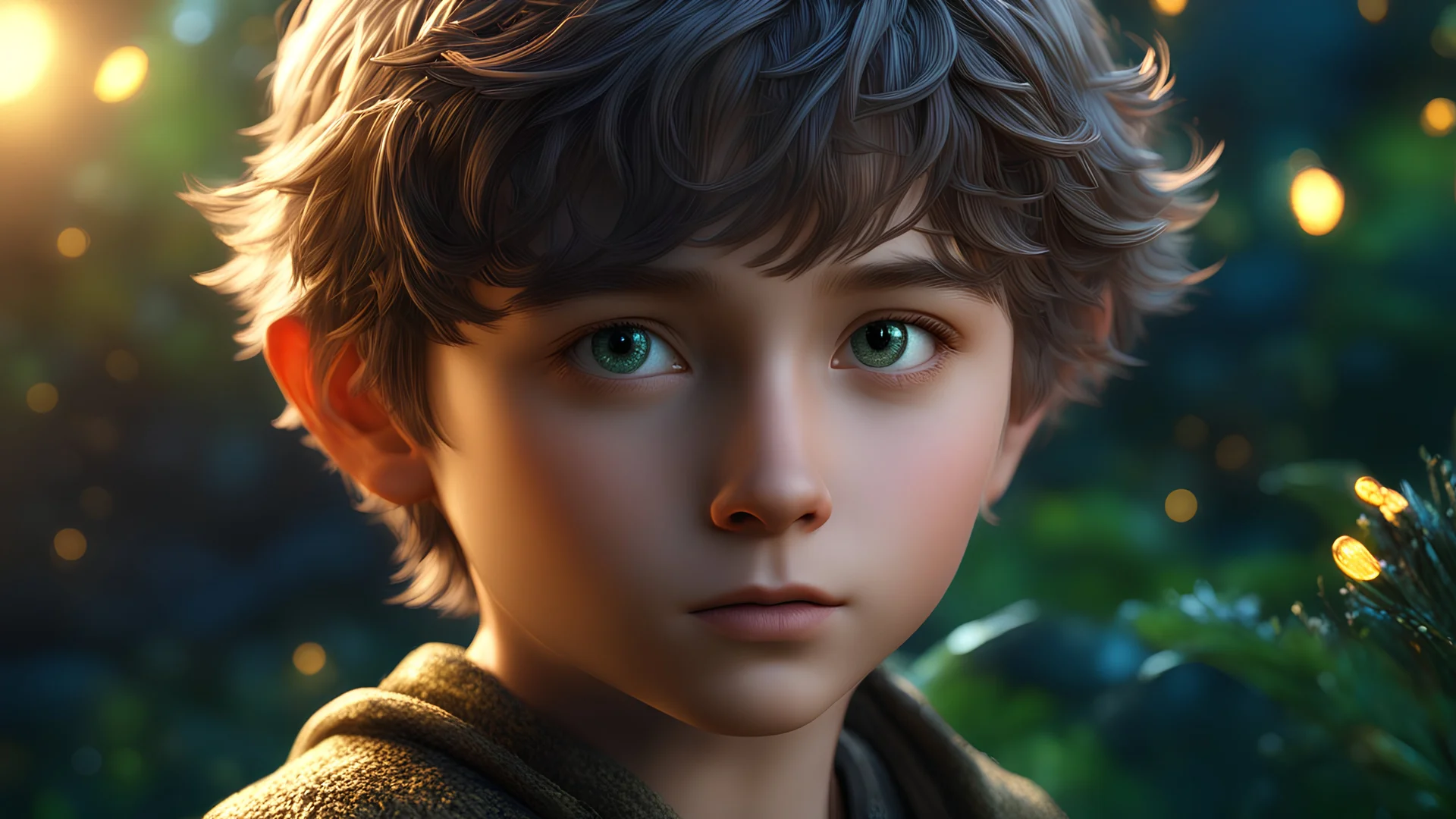 11408. little hobbit boy, head and shoulders and chest, perfect eyes, fireflies, darkness, exquisite composition, pensive, self-assured, confident, beautiful, peaceful, kind, beautiful detailed intricate insanely detailed octane render trending on artstation, 8k artistic photography, photorealistic concept art, soft natural volumetric cinematic perfect light, chiaroscuro, award-winning photograph, masterpiece, raphael, caravaggio, greg rutkowski, beeple, beksinski, alma tadema, Bouguereau