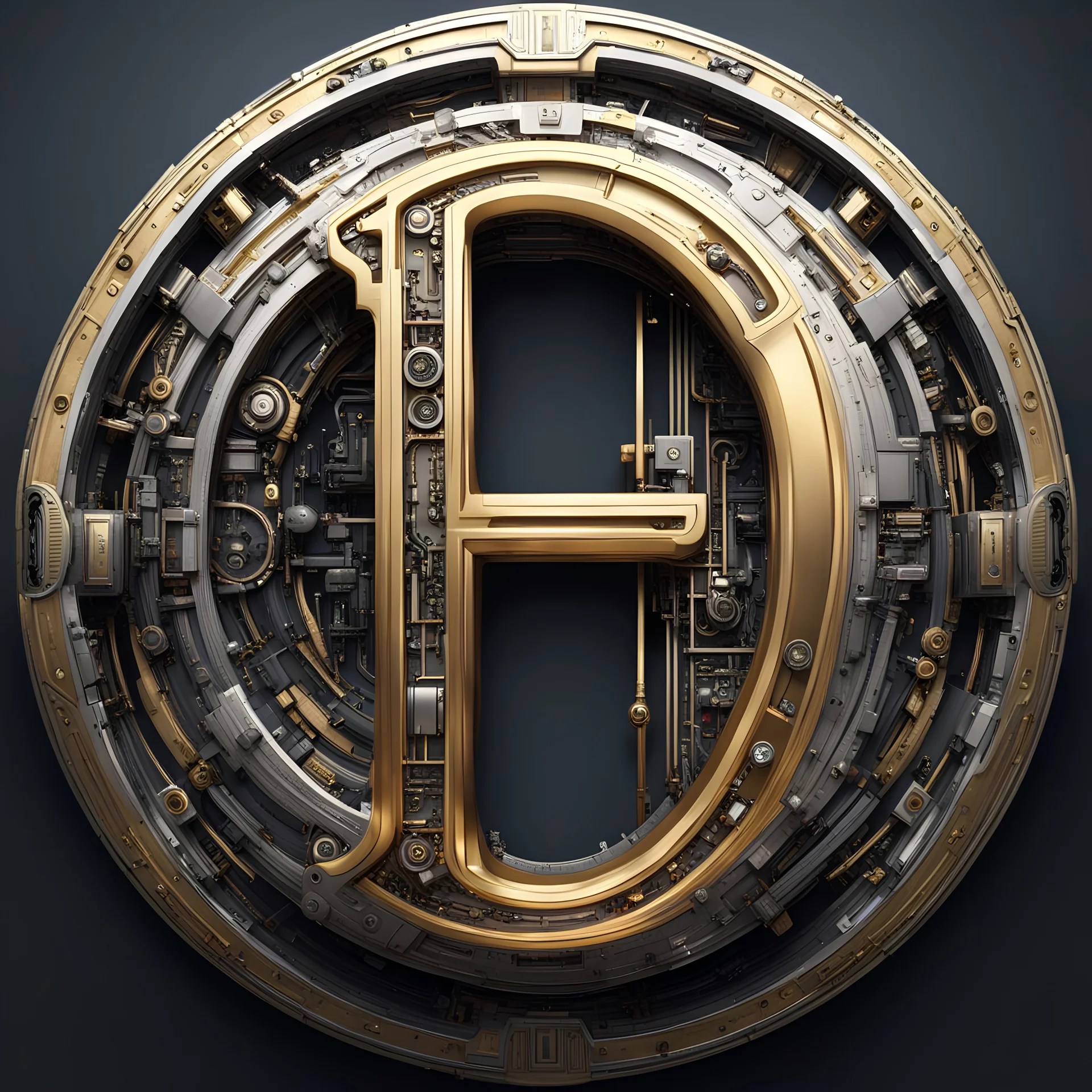 create me a large, centered letter H encased in a thin round, ornate golden ring. metallic,silver accents can be used. mechanical futuristic space cyberpunk style. extra electrical and pneumatic details, robot arms, laserguns. think dyson sphere, warp core, plasma couplings, maybe on the side of a spaceship. background should be black. make the H bigger. little repair robots are scurrying over the surface. the whole feel is dystopian far future empire.