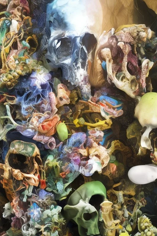 a picture of a dark, comedic, anatomically correct wall of colorful tightly packed skulls of varying sizes and expressions, photo realistic, insanely meticulous, highly detailed, part of a collection of bones on display, 64k, dystopian, vray