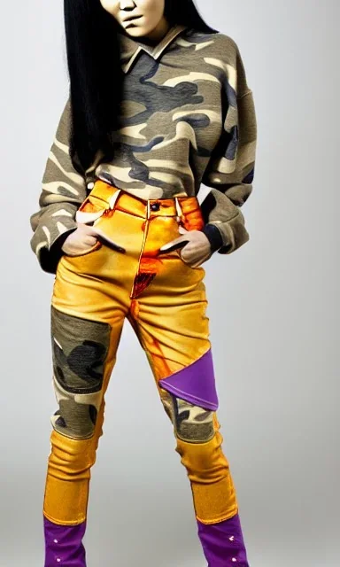 Photo of Asa akira. Camouflage colors are terracotta, cream and purple, lilac and Cream latex, imperial yellow, red plum. Baggy jeans! plant print.European daft punk woman. Baggy jeans! Mantle is sewed of recycled Denim and sewed together of recycled polymer felt. lace, Yellow(Munsell) areas. hint of orange as effect color!!Big bright purple/khaki felt tippet and cream or blue or lilac colored-hood. mantle is merged with satchel. . AKG-style headphones is merged with felt cap, cyan small visor.