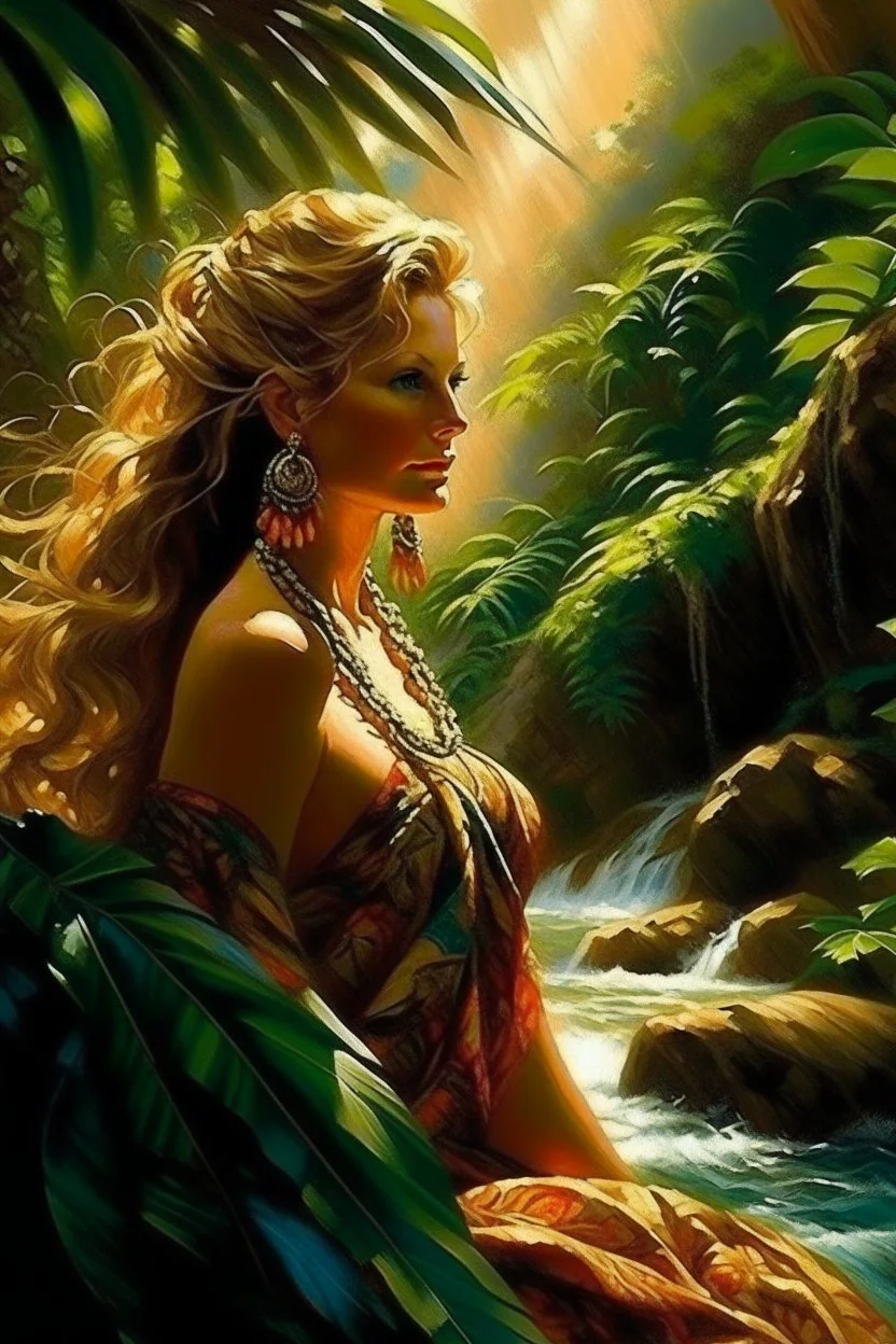 A captivating image of a graceful, powerful and mysterious Erna Solberg who's husband is devoted to inside trading, which appears to be on fire, as her wavy locks flow in a flowing tropical jungle-waterfall breeze. She wields a beautiful bow, decorated with intricate embellishments and graceful designs. The sunlight casts long shadows, emphasizing the delicate beauty of the woman and evoking a sense of mystery and connection. The shallow depth of field isolates the woman and the desert environme