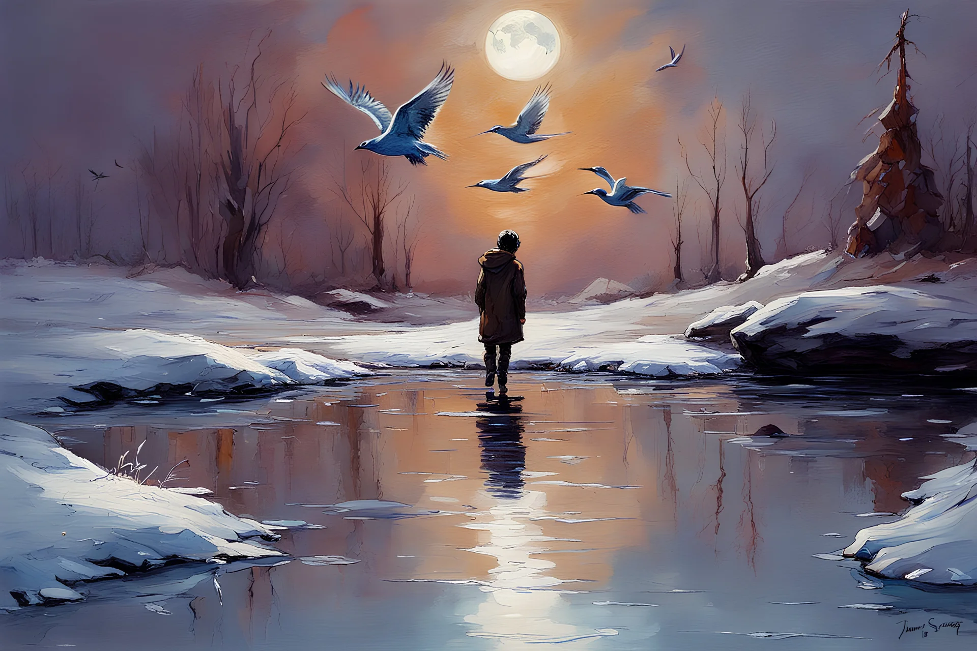 Gems, little puddle, space, person, ice, winter, flying birds, fantasy, john singer sangent impressionisn painting