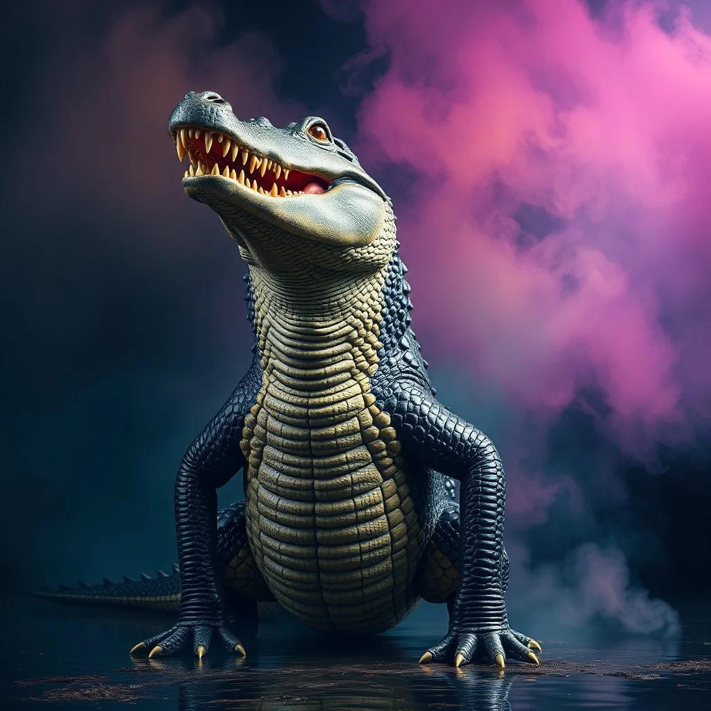 Scary big crocodile standing with multicoloured smoke
