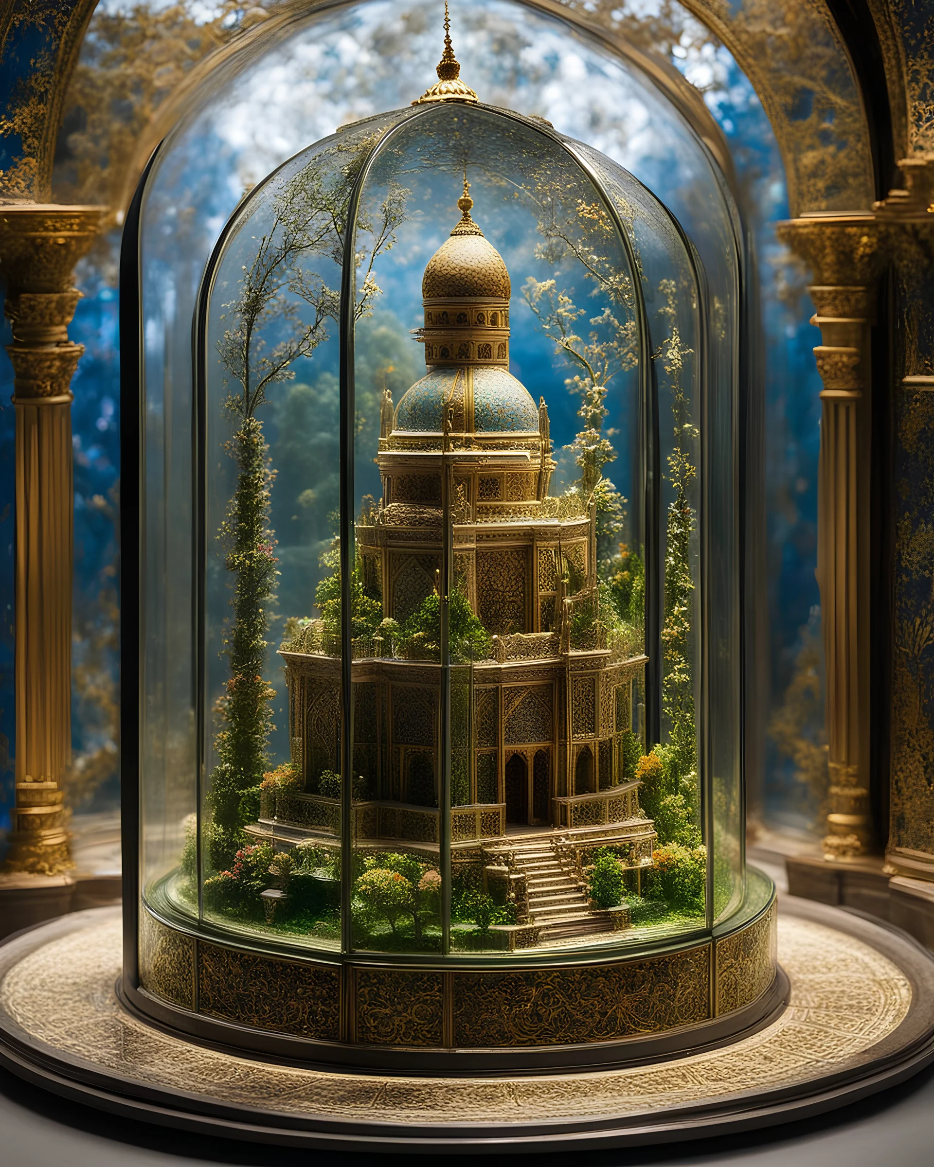 The miniatur islamic mosque in glass box is an abstract concept that refers to a world made entirely of flowers or plants, often in a fantasy or mythical setting. The flower planet in this image appears to be a baroque world, with ornate spiral patterns and intricate designs.