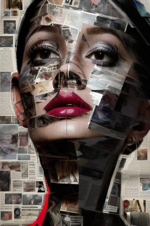 A collage about anxiety experienced by a beautiful woman, focus point of image, distant faces, ghosts, ripped pieces is newspaper clippings, suffocating, abstract, chaos, epic photo, sharp on highly detailed skin with wrinkles and high contrast, photorealistic, 4K, 3D, realism, hyperrealism, detail, good lighting, detailed texture, modern photography style, 3D, 4D, 4K