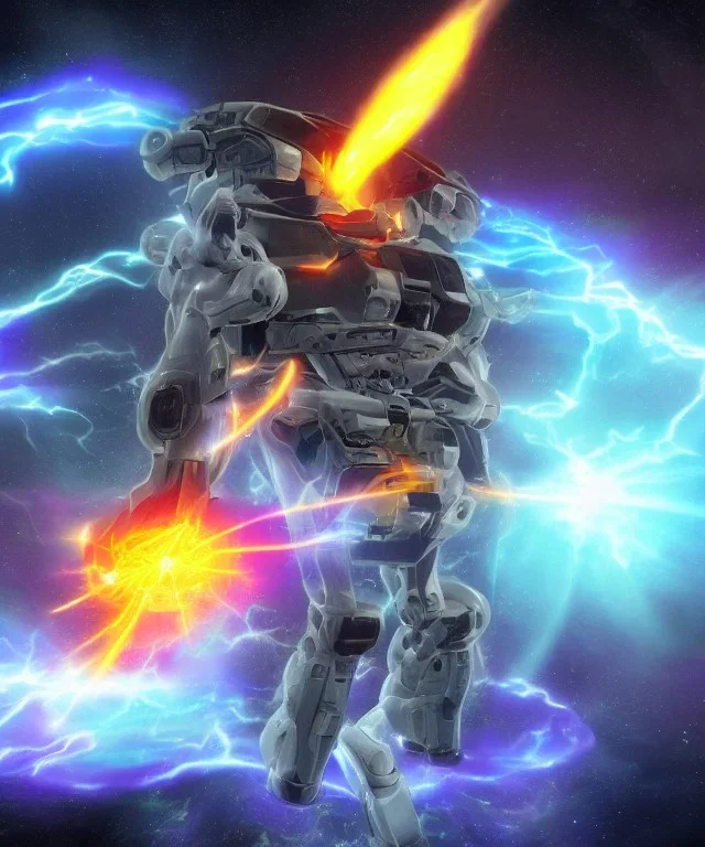 Futuristic mechwarrior holding cosmic astral water earth air fire plasma electricity sparks glowing sigils