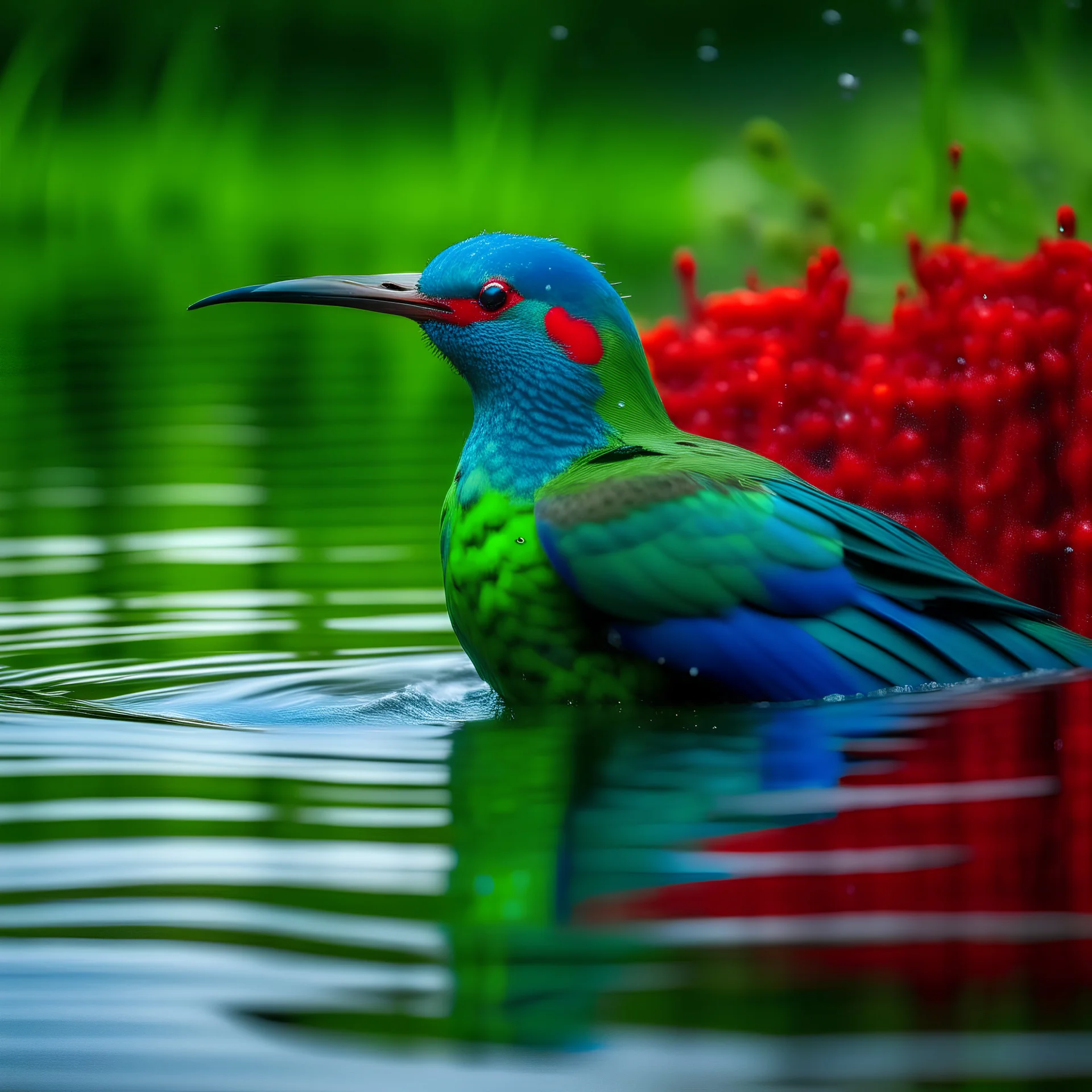 a big fierce blue and green bird breathing red dots in a marsh on the water