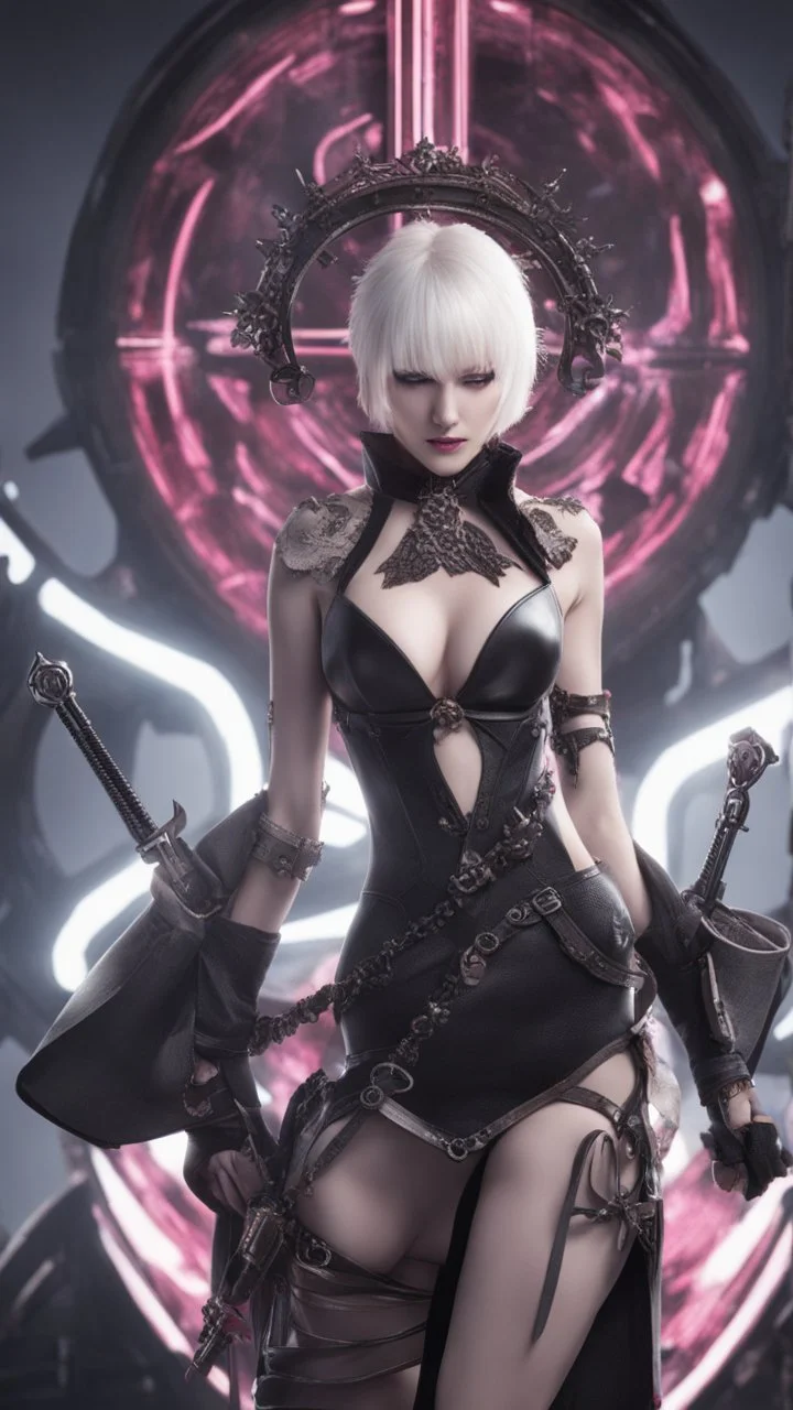 A close picture to blind vampire with white and pink short hair, slave, Tusks, malicious smile, Handcuffs, Weapon handcuffs in dreamshaper finetuned model with dynamic art style witg