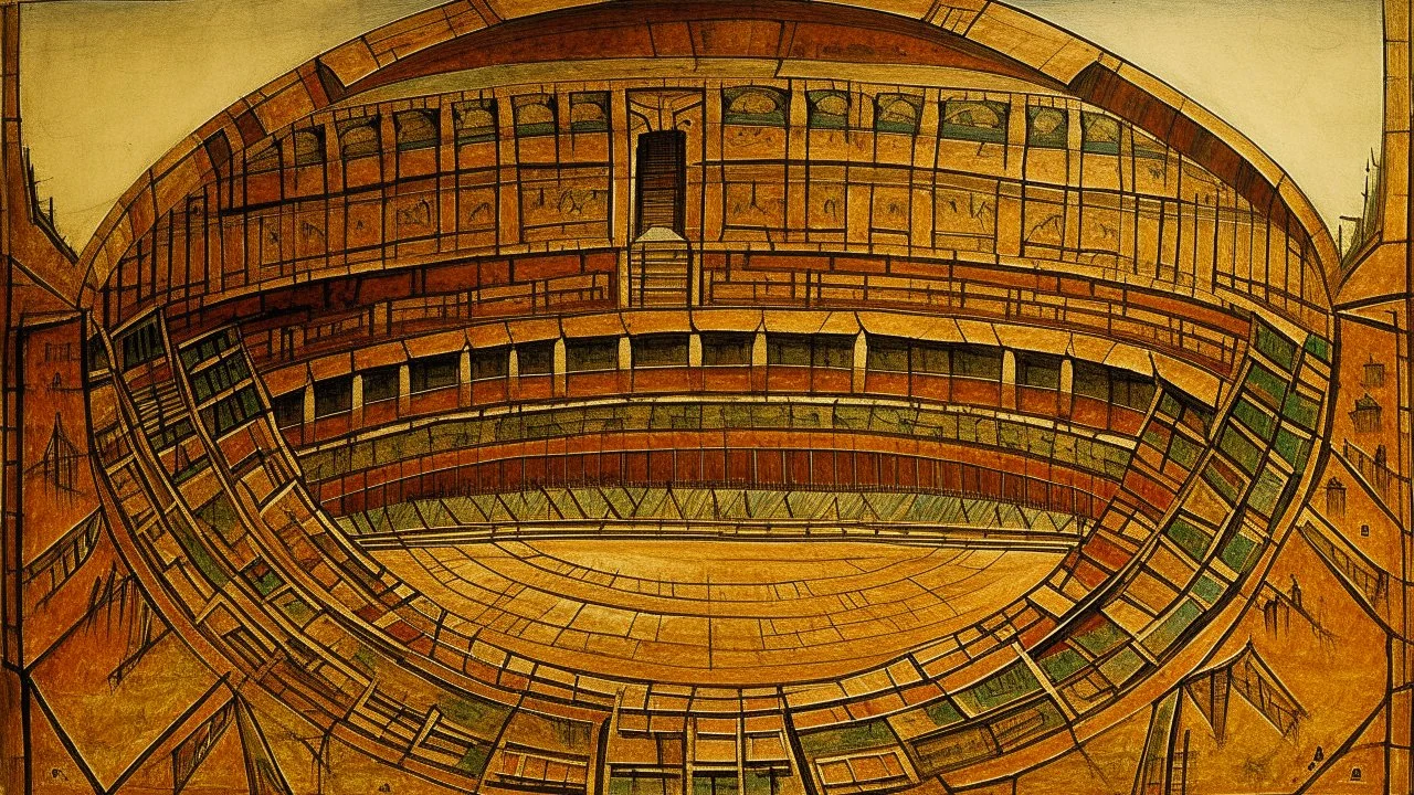 A bronzish brown Olympics coliseum designed in ancient Egyptian hieroglyphics painted by Paul Klee