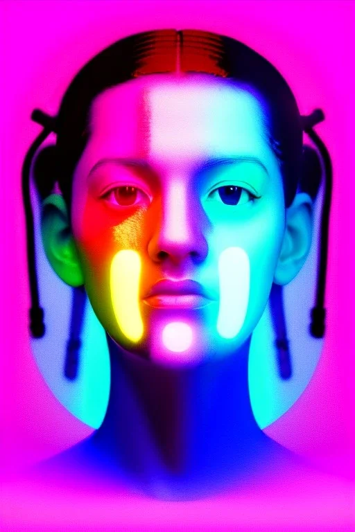 Ultra Realistic image, Rosalía artist, waist up portrait, black eye line, angry face , gold, blue, geisha style, pink spray line make up, geometric, led lights, neon, rings piercing, led ornament, fog, bubble latex coat, vibrant color, highly detailed, art stations, concept art, smooth, unreal engine 5, god rays, ray tracing, RTX, lumen lighting, ultra detail, volumetric lighting, 3d, finely drawn, high definition, high resolution.