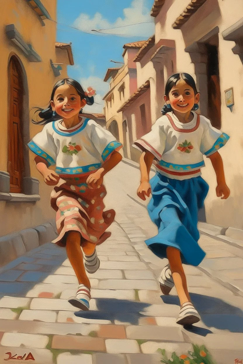 2 maxican childeren running traditional clothes painting neoclassism in a traditional mexican city