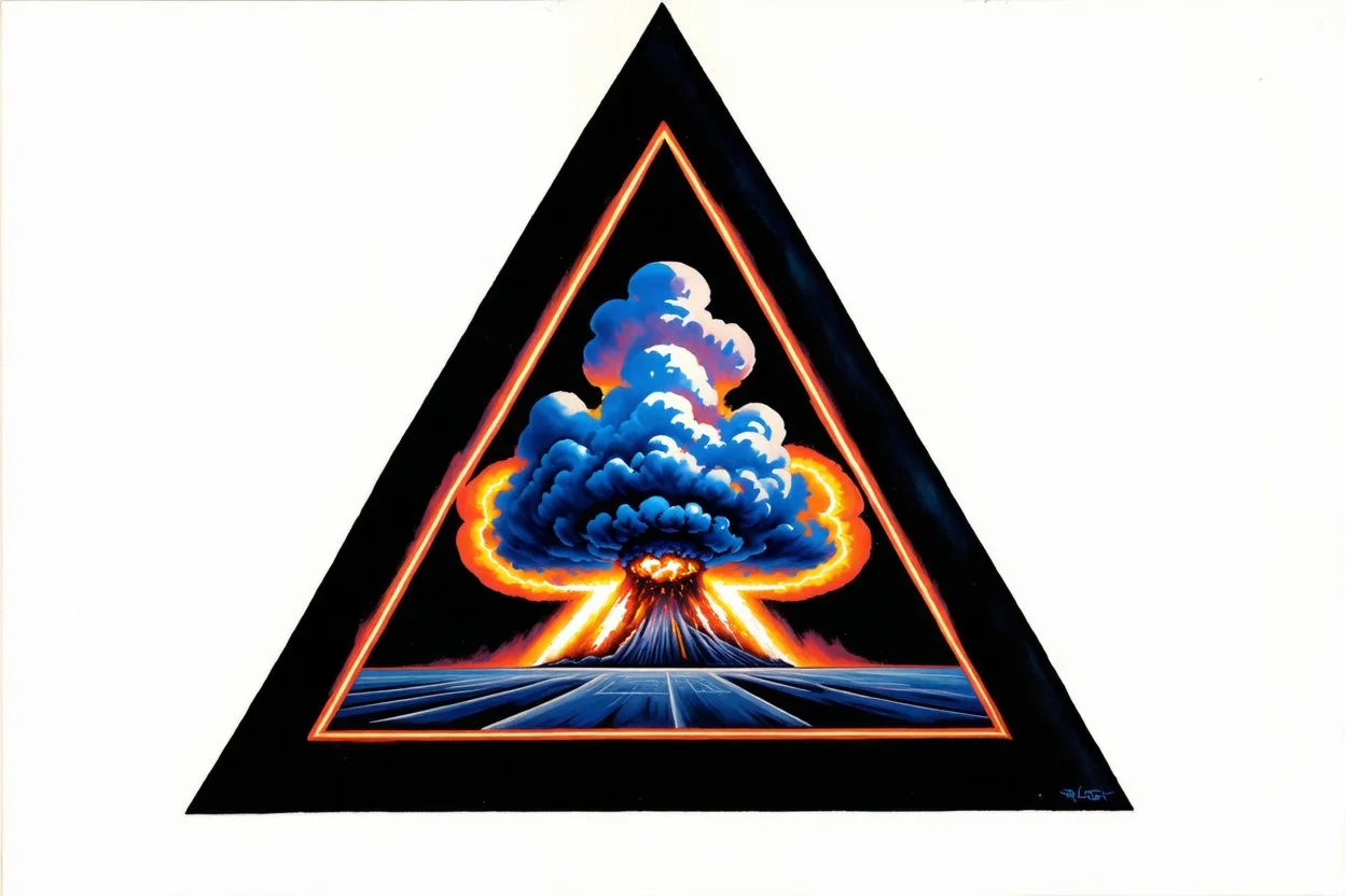 a nuclear explosion cloud, behind an orange glowing omega like shape, all inside an equilateral triangle, radiant lines, oil painting