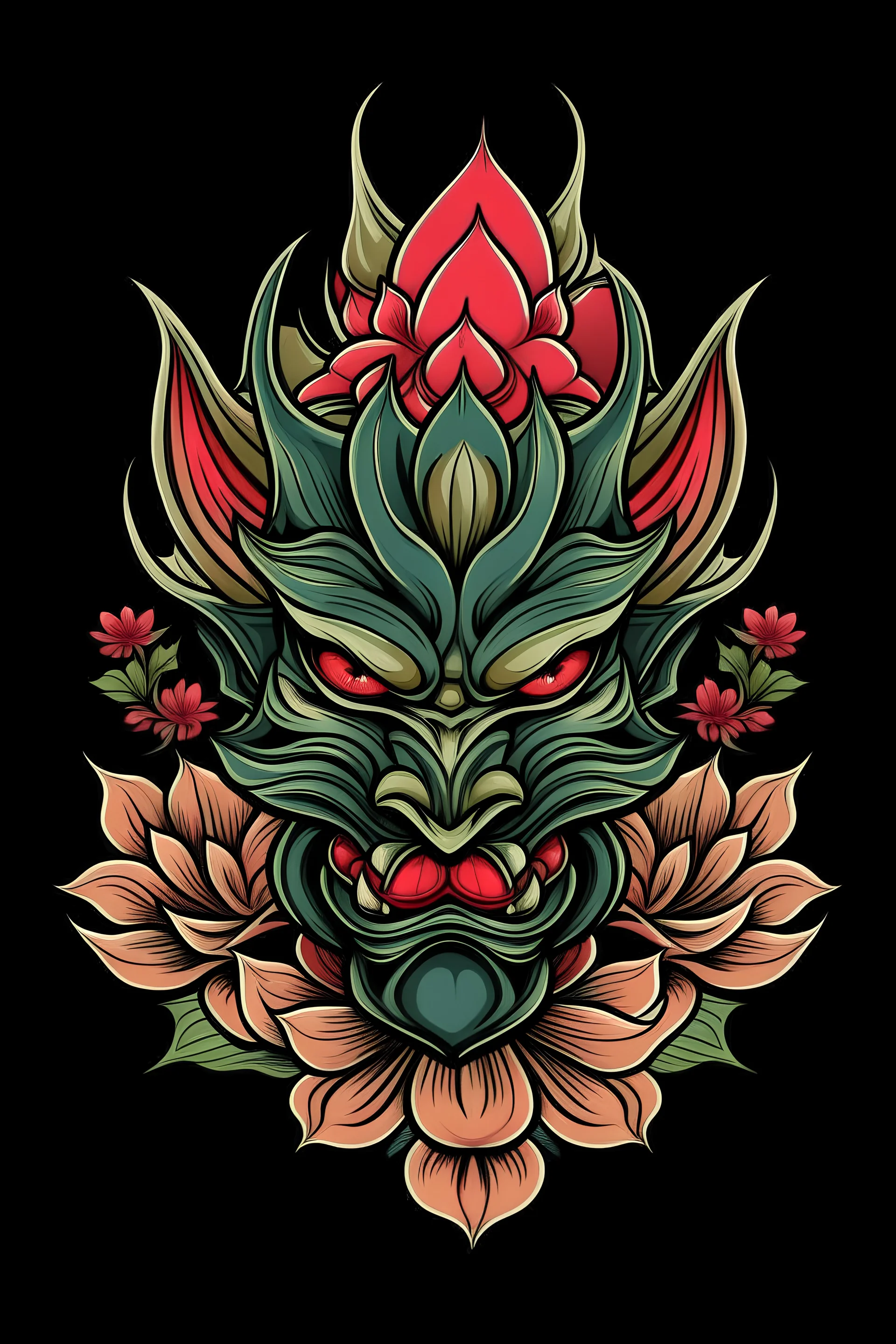 Lotus flower and oni mask