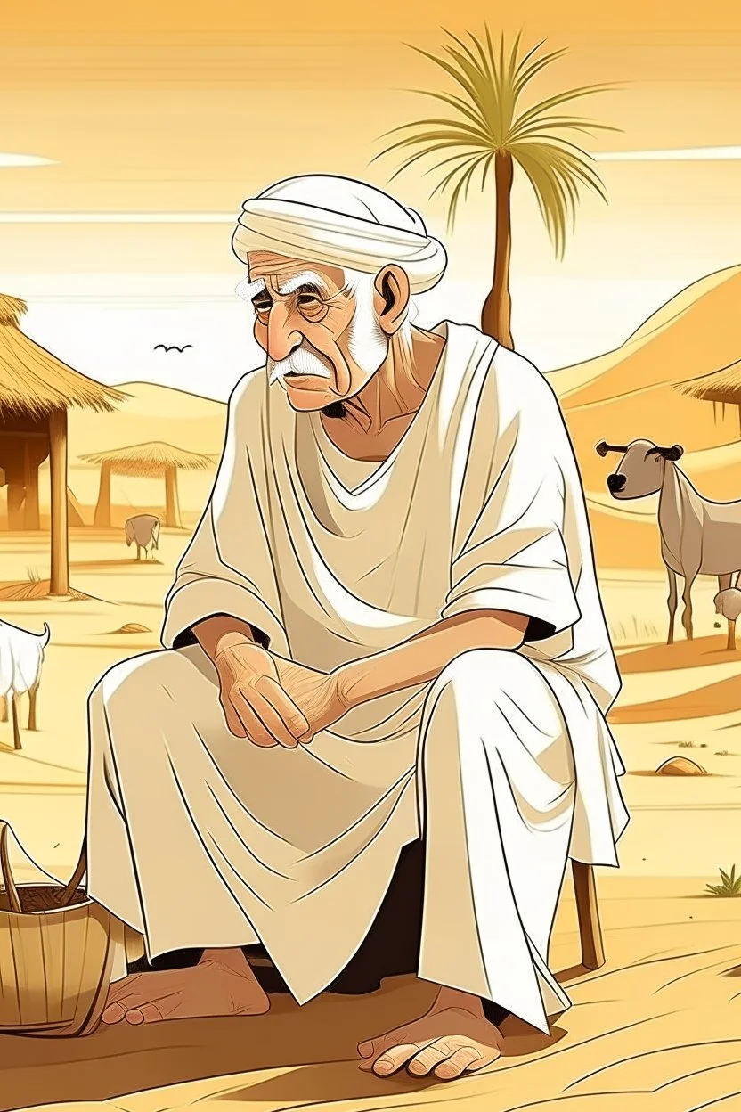 Old man, Arab, turban, white clothes, cattle, desert, council, sun, palm trees, mud houses, holding a stick, looking forward, a very slight smile.cartoon,Sitting on a chair