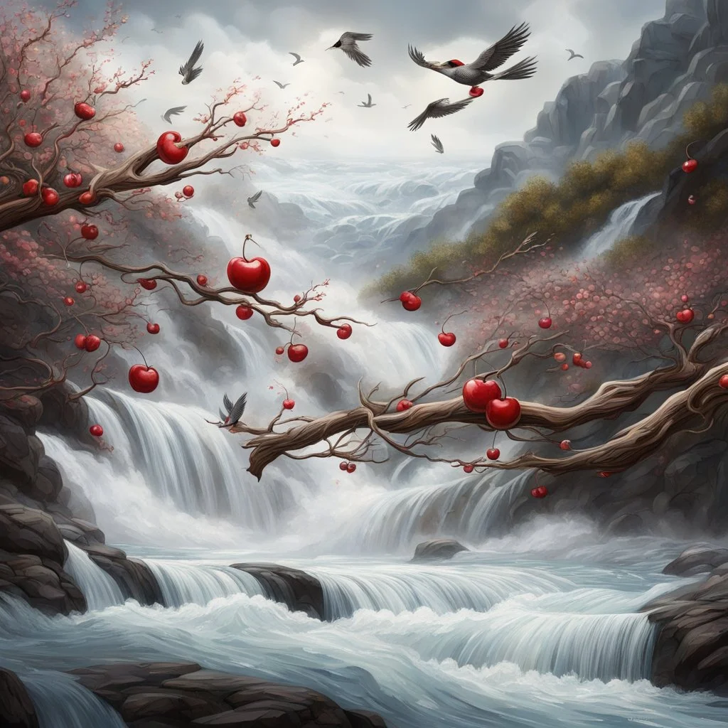 Rustic cherry branch floating down narrow rushing river, violent rapids, white peaks, birds flying. Highly detailed, fantasy, beautiful,hyperrelastic,