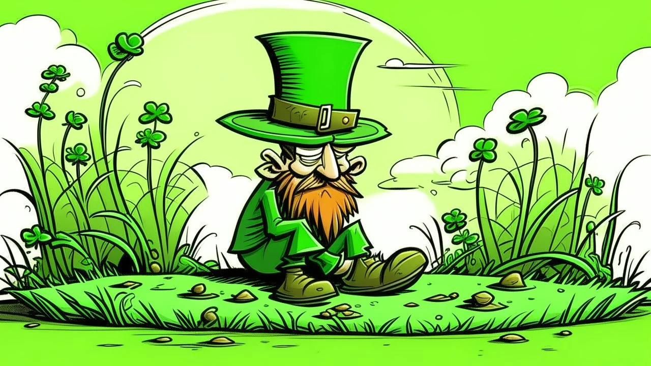 fantasy cartoon illustration: in the grass sits the tiniest man dressed in green from the tip of his toes to the top of his hat. It is a real live leprechaun!