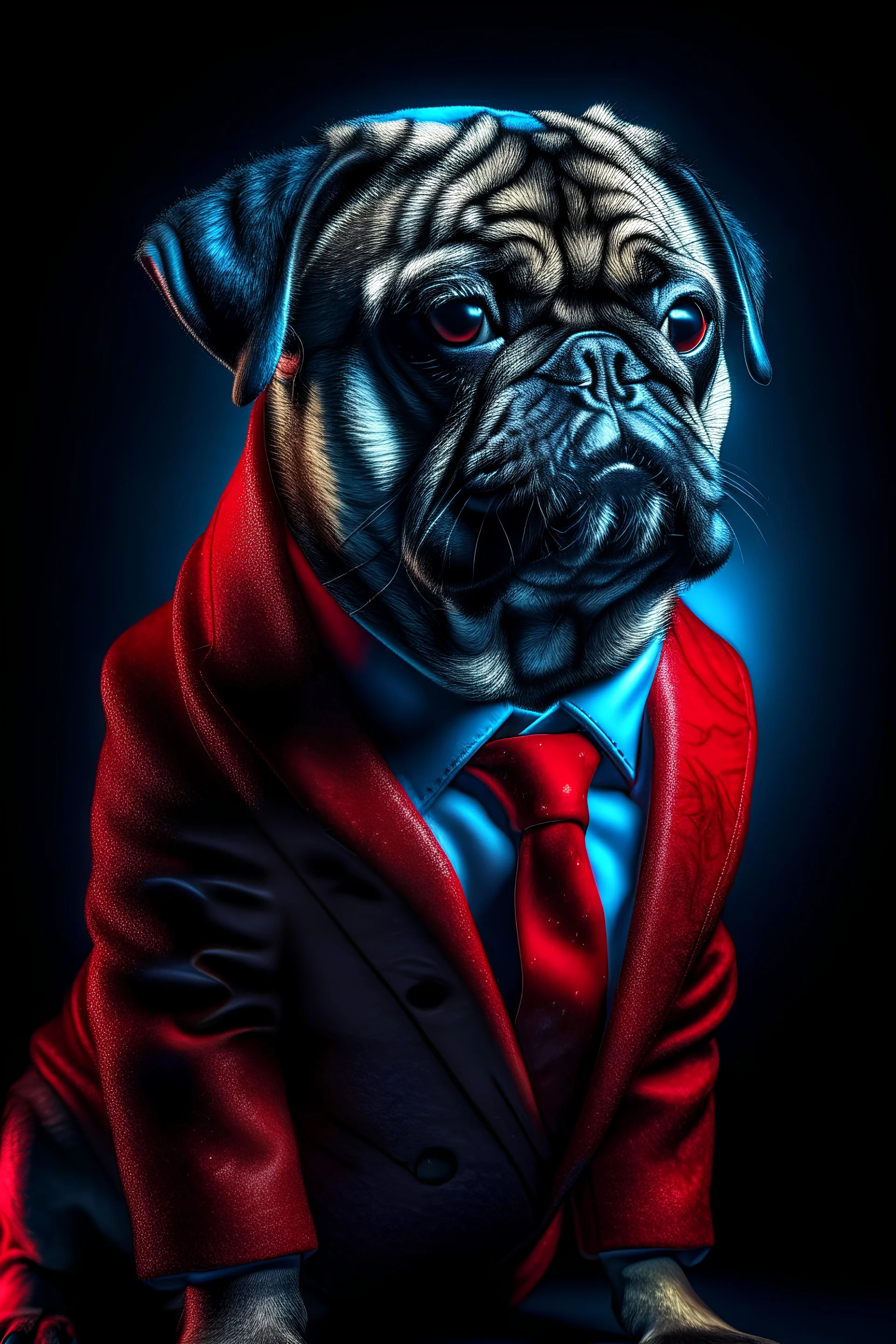 pug in a mega coolsuper blue + Red suit with on his arms and shoulders, hdr, (intricate details, hyperdetailed:1.16), piercing look, cinematic, intense, cinematic composition, cinematic lighting, color grading, focused, (dark background:1.1)