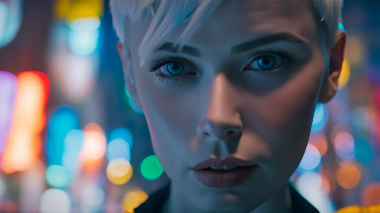 portrait of human android Anita, 25 years old female, short white hair, neat hairstyle tied back, white albino skin, shiny neon blue eyes, big eyes, many freckles on her face, with a blue blure glowing tattoo on her neck: , nice, kind and friendly face, blur background with neon lights